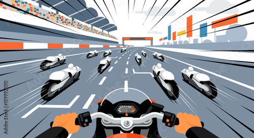 Motorcycle Race POV: Speeding through a vibrant racetrack with competitors