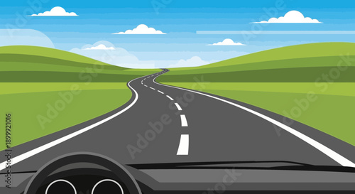 Scenic road trip perspective from car dashboard, driving through rolling green hills under blue sky