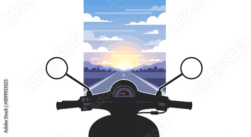 Scooter handlebar view of open road and sunrise, flat design