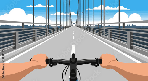 Riding Bicycle on Suspension Bridge, First Person View, City Skyline Background