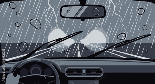 Driving through storm on highway, lightning strike, heavy rain, car windshield view