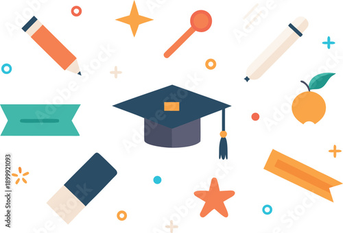 A collection of educational icons including a graduation cap, pencil, eraser, and apple isolated on transparent background, Vector, illustration