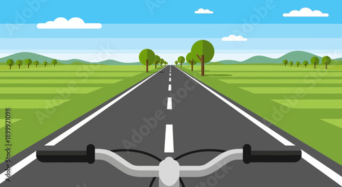 First-person view of cycling on an asphalt road through green countryside