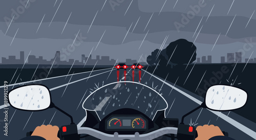 Motorcycle rider's POV driving in heavy rain on highway towards city skyline