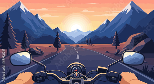 Riding Motorcycle on Scenic Road Through Mountains at Sunset, Pixel Art Style