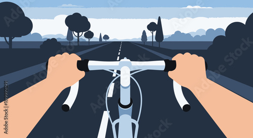 POV cycling on a road with trees and hills, blue sky, adventure, healthy lifestyle