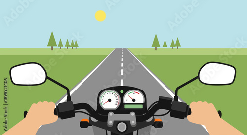 Riding Motorcycle POV on Asphalt Road with Green Landscape and Sun