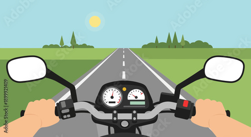 First-person view of motorcycle riding on open road with green landscape and sun