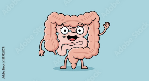 Happy Cartoon Intestine Character Waving Hello