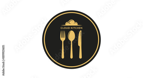 Cloud Kitchen Logo with Golden Cutlery and Cloud Icon.