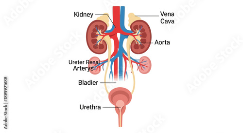 Human Urinary System Anatomy Diagram with Labels - Kidneys, Bladder, Ureter