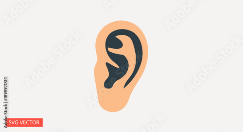 Close-up of a human ear icon with flat design and neutral background