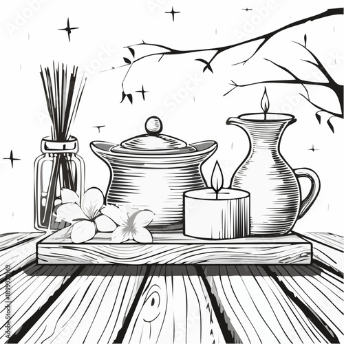 Earthenware tea set with burning candles and essential oil on wooden table in tranquil spa environment outdoors