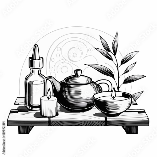 Earthenware tea set with burning candles and essential oil on wooden table in tranquil spa environment outdoors