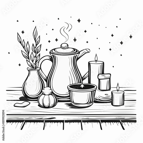 Earthenware tea set with burning candles and essential oil on wooden table in tranquil spa environment outdoors