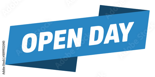 Bright blue ribbon announces an open day event with bold white text