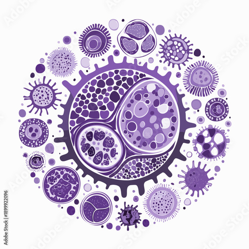 Detailed microscopic view of abnormal cell formation and development of possible human illness in purple colors for biology and science