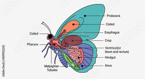 Butterfly Anatomy Diagram: Digestive System, Proboscis, and Organs