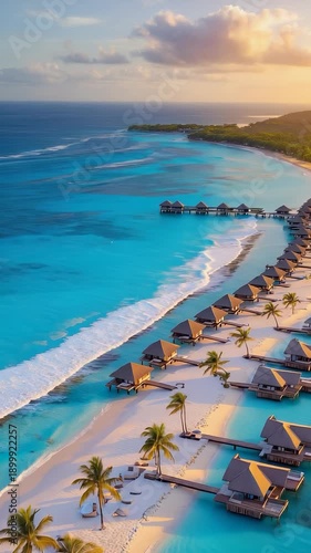 Aerial View of Luxury Overwater Bungalows and Pristine Tropical Beach at Sunset, Maldives Paradise