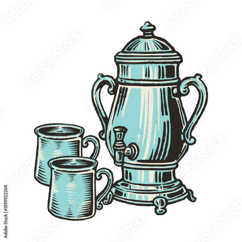 Vintage Samovar and Mugs Vector Illustratio
