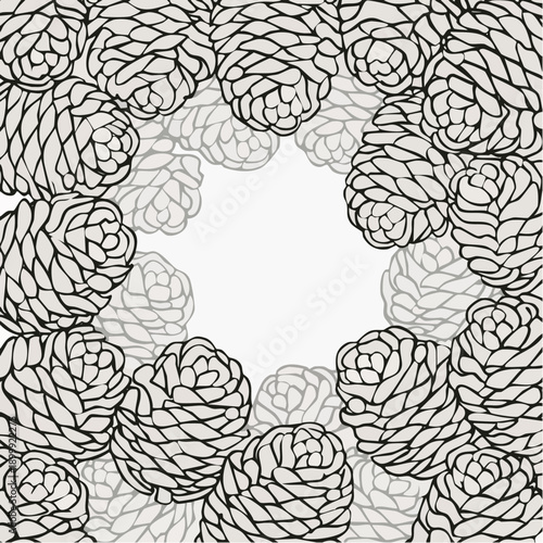 Close up of many brown pinecones filling the frame, a warm, autumnal seasonal background texture