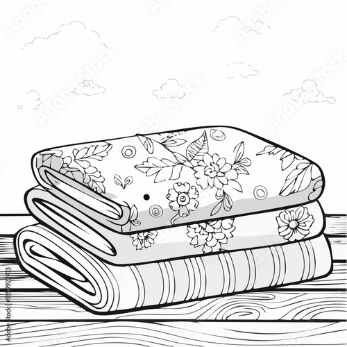 Close-up view of a handmade patchwork quilt with floral fabric and folded blankets on a wooden table in soft lighting.