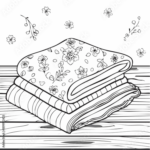 Close-up view of a handmade patchwork quilt with floral fabric and folded blankets on a wooden table in soft lighting.