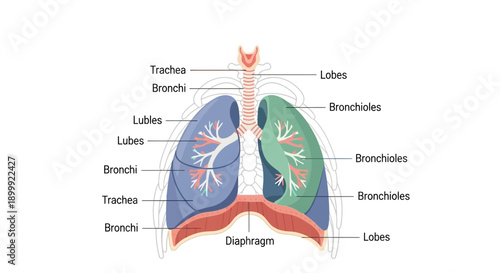 Human Lungs Anatomy Diagram: Trachea, Bronchi, Lobes, Bronchioles, Diaphragm