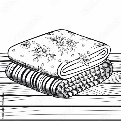 Close-up view of a handmade patchwork quilt with floral fabric and folded blankets on a wooden table in soft lighting.