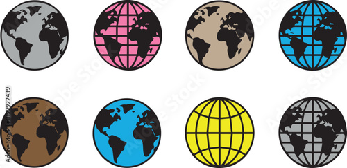 World Globe Icon Set Colorful Earth Map Global Network Vector Collection