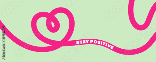 Foto Minimal pink wavy line heart shape on a mint green background with “Stay Positive” quote, modern abstract continuous stroke design