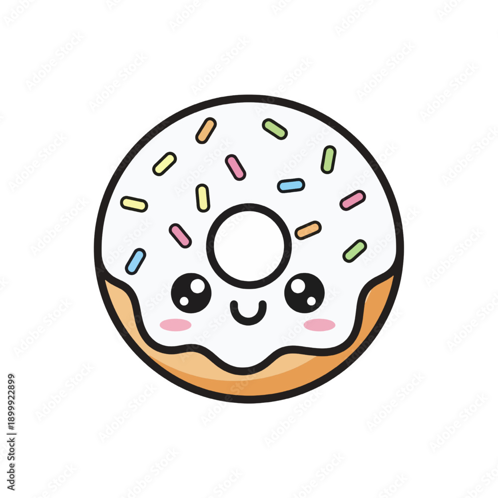 Obraz premium Kawaii donut with sprinkles and smiling face, viewed from the front, isolated on a clean background eps file p2.eps style