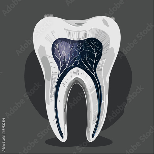 Detailed anatomical rendering of a tooth with visible nerves and root structure against a dark background, showcasing dental health