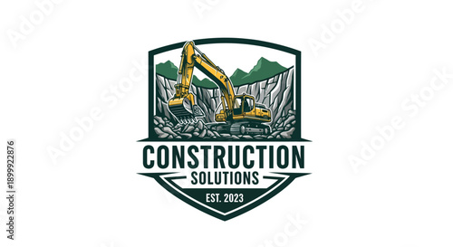 Construction excavator digging earth in a quarry site.