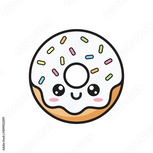 Kawaii donut with sprinkles and smiling face, viewed from the front, isolated on a clean background eps file p2.eps style