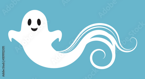 Cute White Ghost Character with Swirling Tail on Blue Background