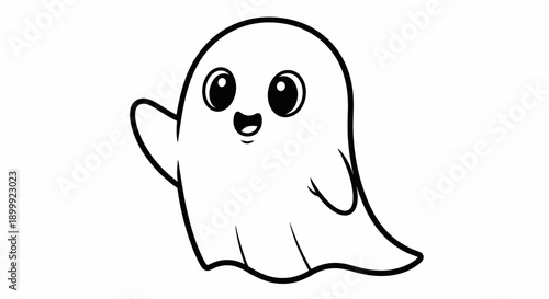 Cute Cartoon Ghost Waving Hand, Friendly Halloween Character