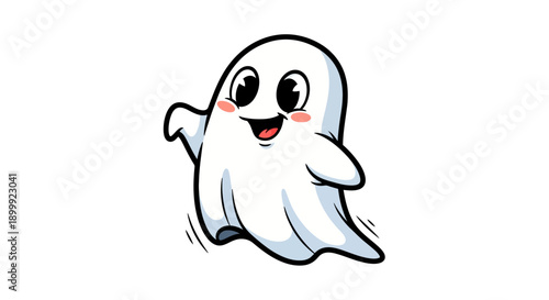 Cute Cartoon Ghost Waving Hello, Kawaii Halloween Character