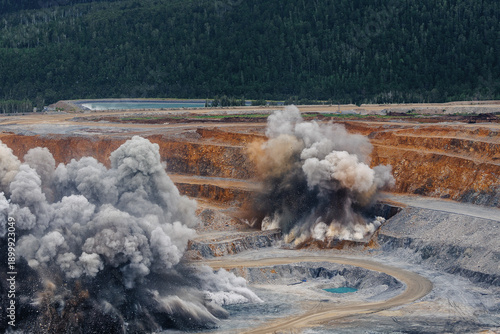 Fotografie Explosive activity in vast open pit mine with smoke and dust rising