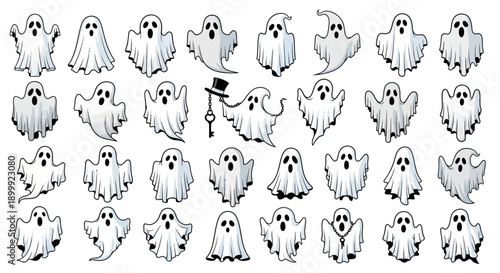 Cute Ghost Characters Collection, Halloween Spooky Spirits, Funny Monsters