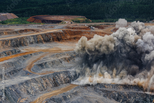 Tablou pe pânză Explosive mining activity in open pit gold mine with dust clouds and heavy machi