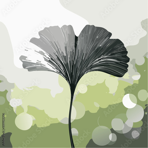 Ginkgo biloba leaves on a stem against a bright, natural, and slightly blurred green background, highlighting textures and vibrant colors