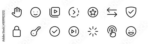 Minimal UI line icon set with gestures, security, navigation arrows, media controls and feedback symbols for web, app onboarding screen icons. thin line icon set. collection. editable stroke