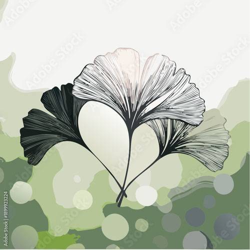 Ginkgo biloba leaves on a stem against a bright, natural, and slightly blurred green background, highlighting textures and vibrant colors