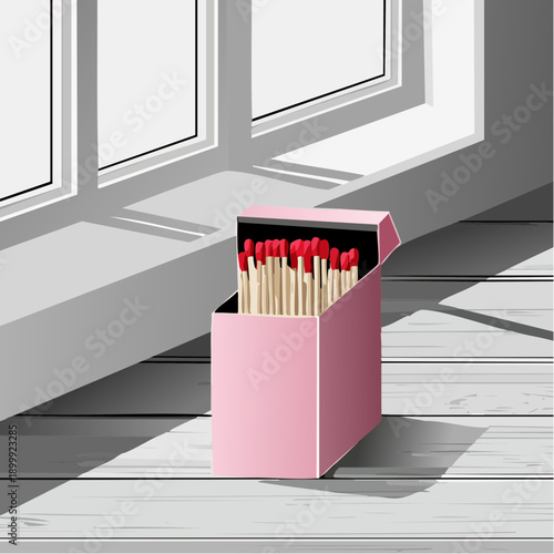 Open pink matchboxes displaying wooden matchsticks with red tips on light wood surface near a window, casting long shadows