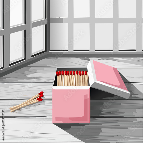 Open pink matchboxes displaying wooden matchsticks with red tips on light wood surface near a window, casting long shadows