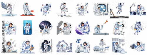 Diverse Astronaut Activities Vector Collection: Space Exploration, Research, Maintenance, Training, and Life on Planetary Bases Illustrations.