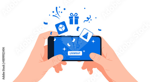 Mobile Gaming Reward Concept: Hands Hold Smartphone to Unwrap Digital Gift Box and Loot Prize on Screen, Symbolizing Online Giveaway and Promotion.