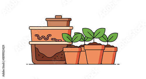 Home Vermicomposting Worm Farm Bin Next to Growing Seedlings. Organic Recycling and Sustainable Gardening System Vector Illustration.