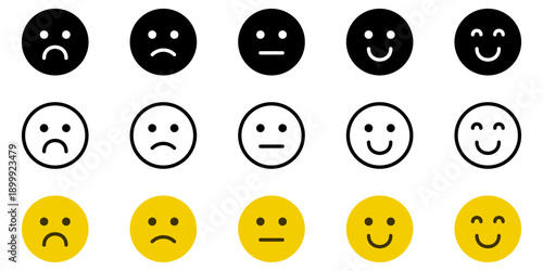 Rating and Feedback emoticons . Set of minimal emoji face icons showing different emotions, from sad to happy, in black and yellow styles